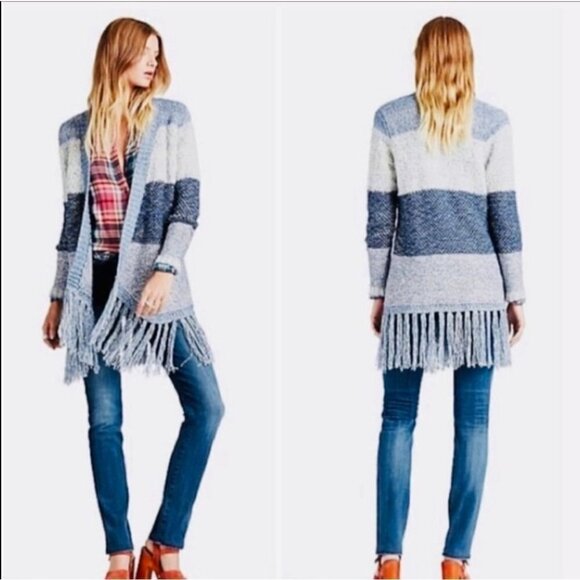 Lucky Brand Small Open Cardigan Blue Striped Knit‎ Textured Longline Fringe - Picture 2 of 12